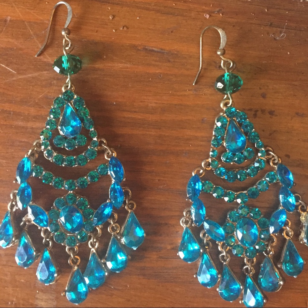 Stunning Turquoise Rhinestone Chandelier Earrings